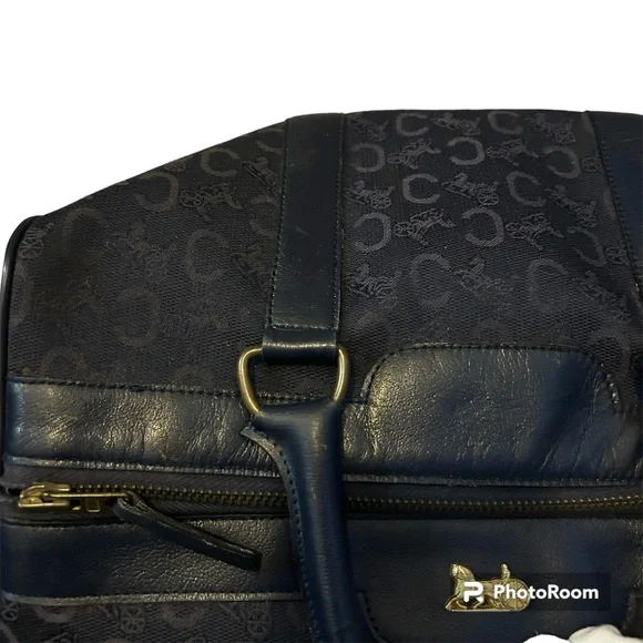 CELINE Authentic Vintage C Macadam Navy Blue Canvas Leather Trim Boston Bag Tote - Picture 14 of 17